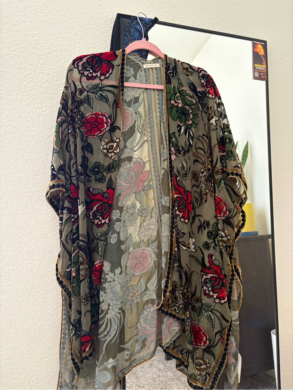 Urban Outfitters Olive Sheer Floral Embroidered Kimono